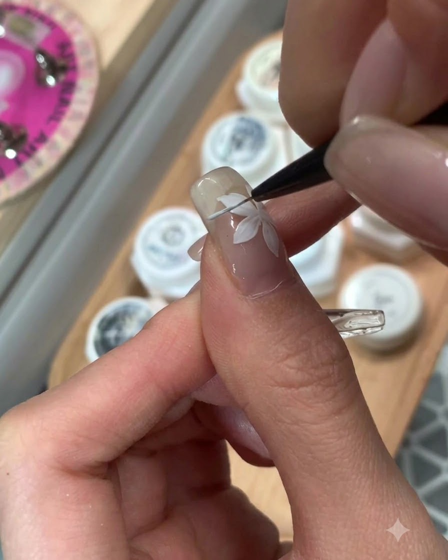 Un pinceau à ongles appliquant du gel de couleur cacao émeraude sur un index.