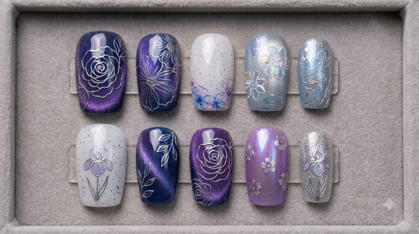 Manucure CP Printemps Bleu-Violet et Rose-Violet — Tutoriel d'Ongles Press-On Étape par Étape
