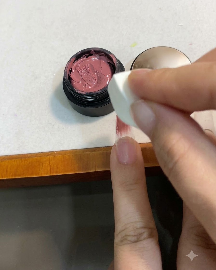 Un doigt placé sous une lampe de catalysation pour ongles UV/LED à léclairage violet.