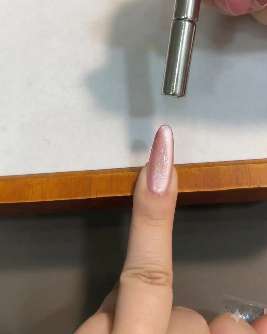 Un aimant cylindrique maintenu de près au-dessus dun ongle en gel œil-de-chat rose brillant pour façonner la ligne de lumière.