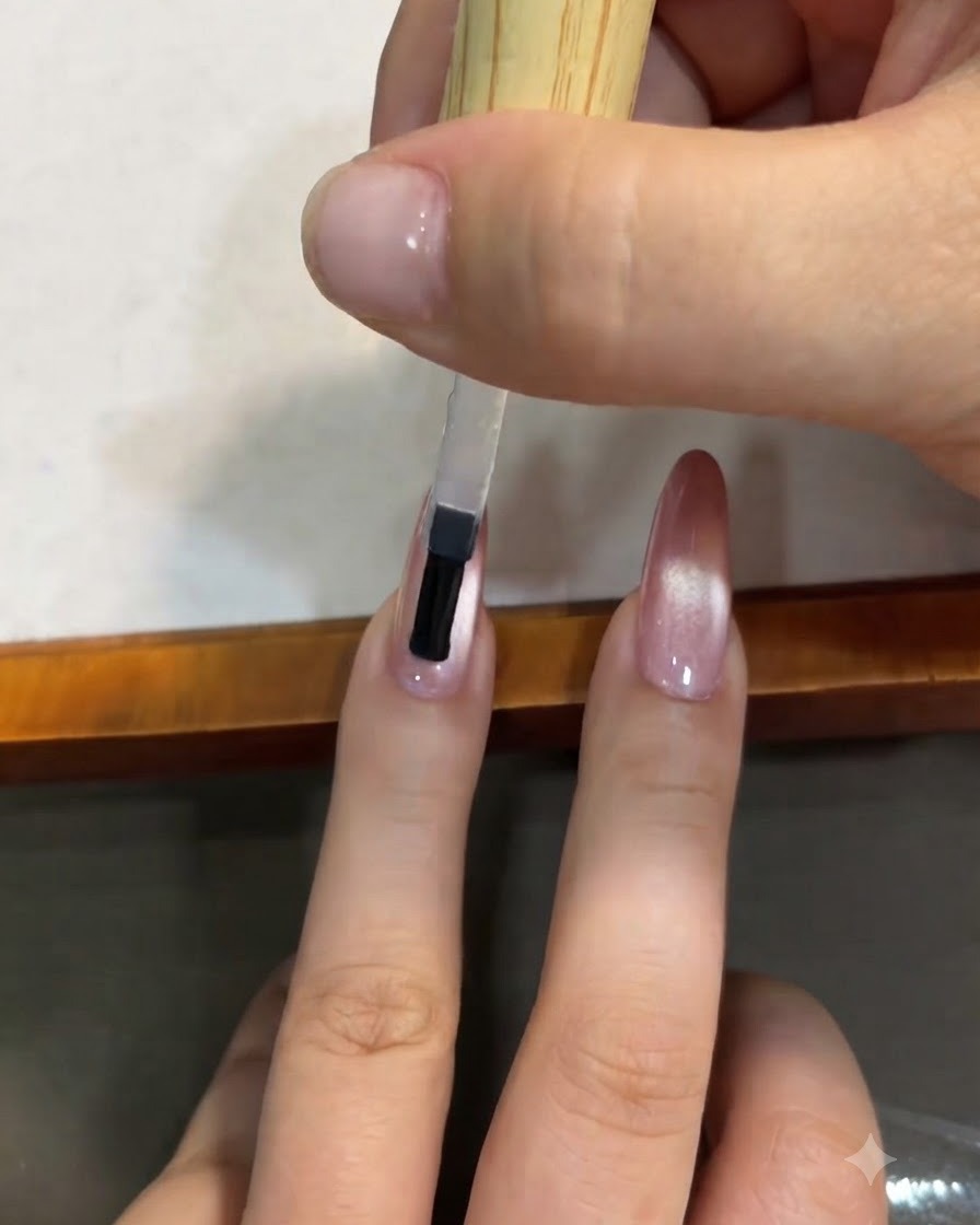 Un pinceau appliquant un top coat transparent sur un ongle manucuré rose dégradé effet œil-de-chat.