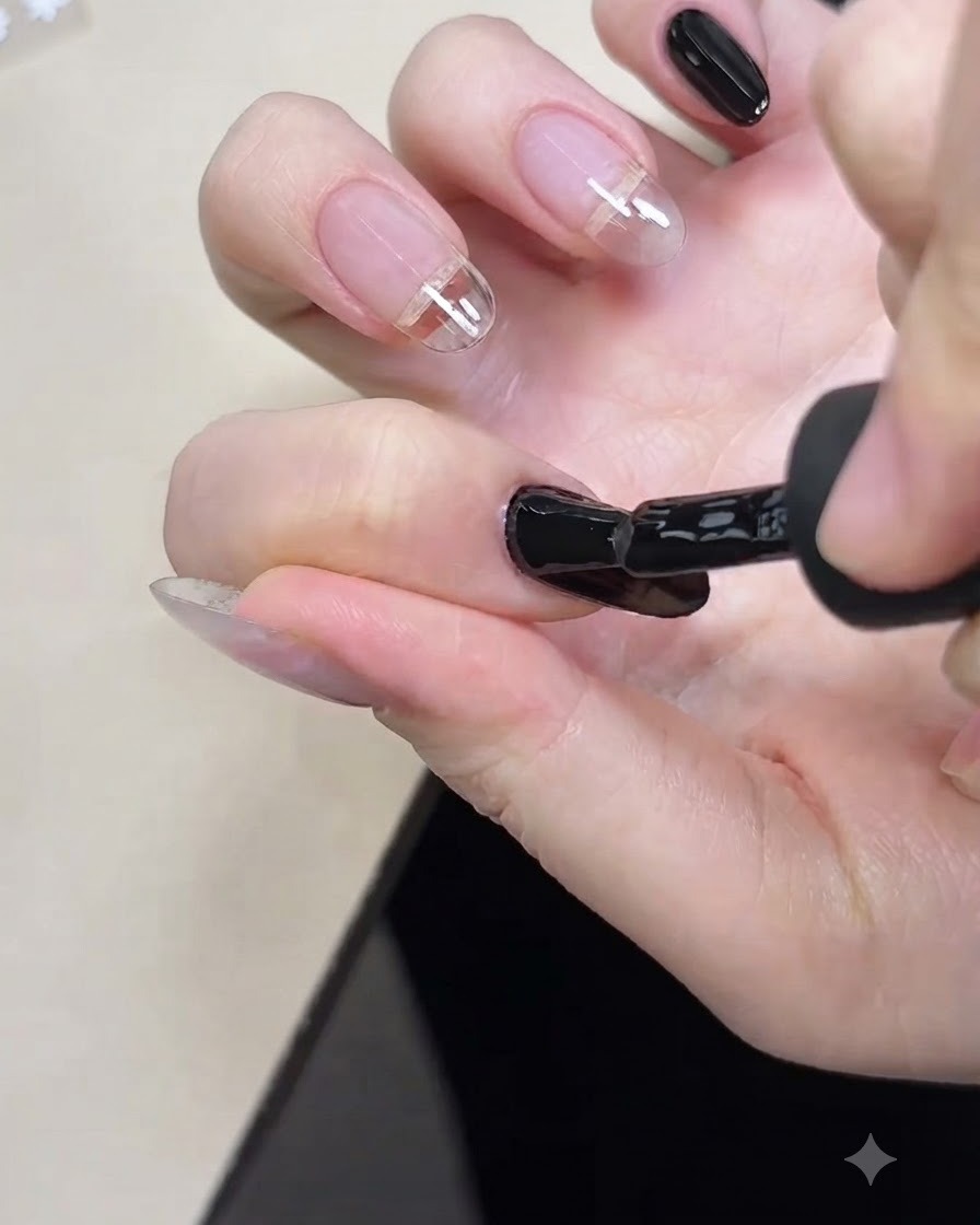 Un pinceau à ongle appliquant un gel de base noir sur un the ongle.