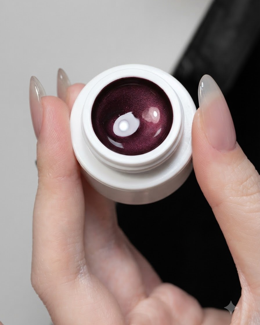 Un pot ouvert de gel cat eye violet révélant sa texture riche et chatoyante.