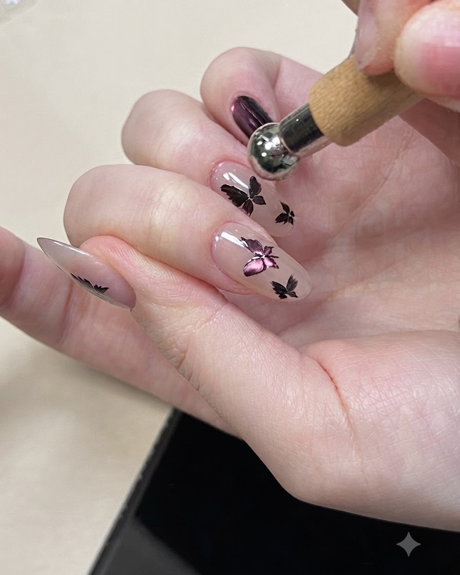 Un pinceau appliquant un top coat transparent sur le nail art papillon violet terminé, lissant la surface.