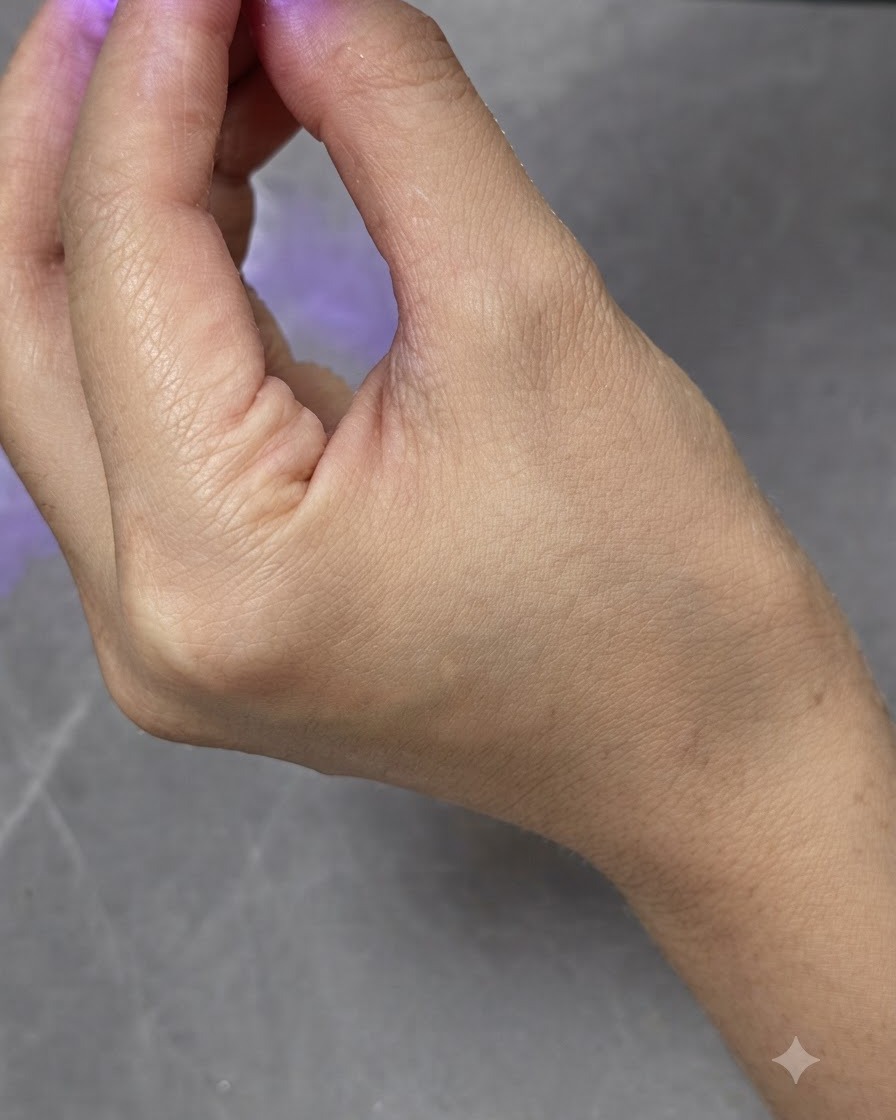 Une petite lampe de catalysation UV LED portable positionnée au-dessus dun ongle pour catalyser le vernis gel.
