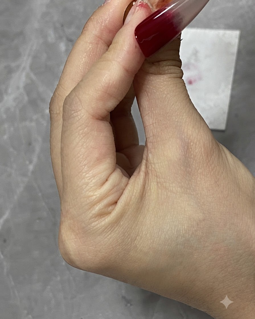 Un pinceau affinant le mélange du dégradé sur une capsule dongle ombré rouge vin.