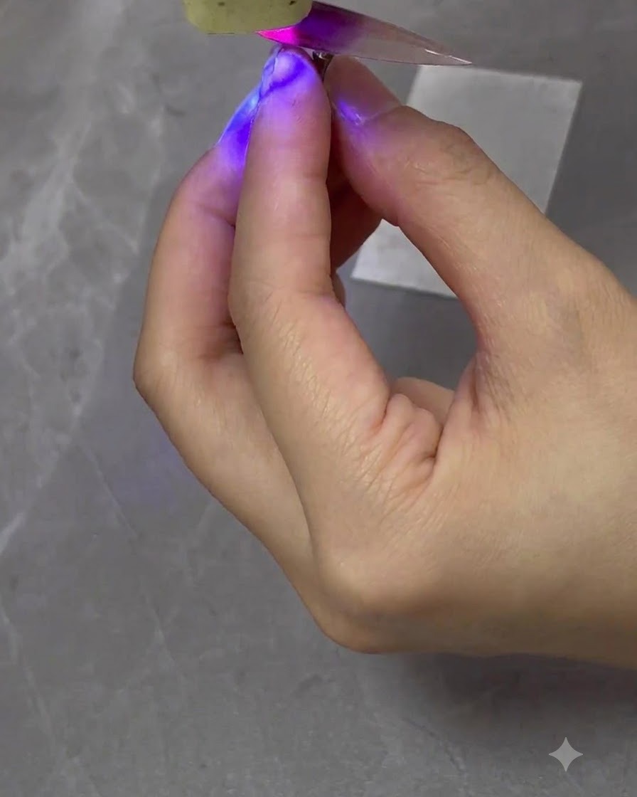 Une mini lampe UV LED aux tons violets catalysant une capsule dongle peinte en dégradé tenue à la main.