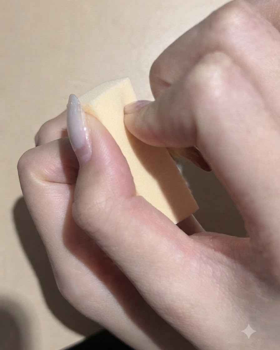 Tenir une petite éponge de maquillage tout en appliquant un pigment noir foncé pour un dégradé dongles.