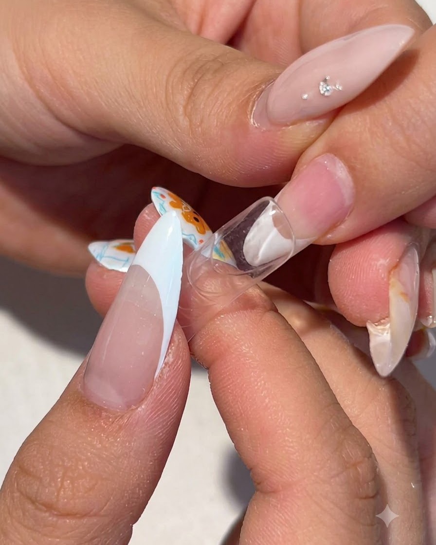 Un chablon transparent tenu sous un ongle pour corriger son angle de croissance vers le bas.