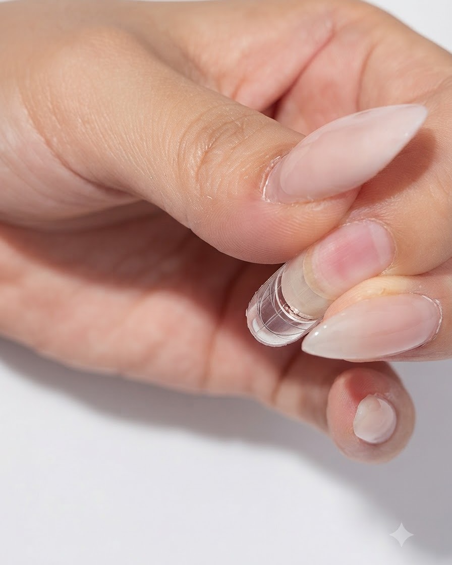 Un ongle avec un chablon transparent placé en dessous en train de catalyser sous une mini lampe UV/LED.