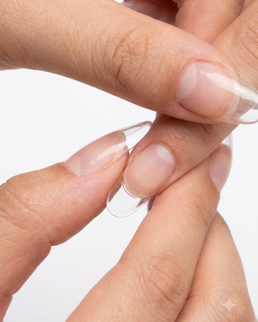 Une main retirant un chablon transparent dun ongle fraîchement catalysé et prolongé.