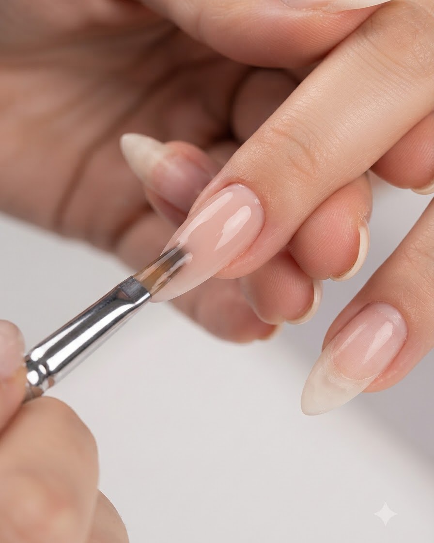 Une vue détaillée dun pinceau lissant et nivelant le gel de construction coloré sur un ongle.