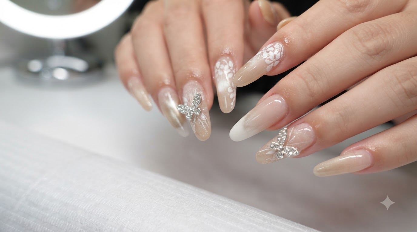 Ongles Ombré Nude Clair de Lune avec Dentelle Florale et Papillons Argentés — Tutoriel Étape par Étape