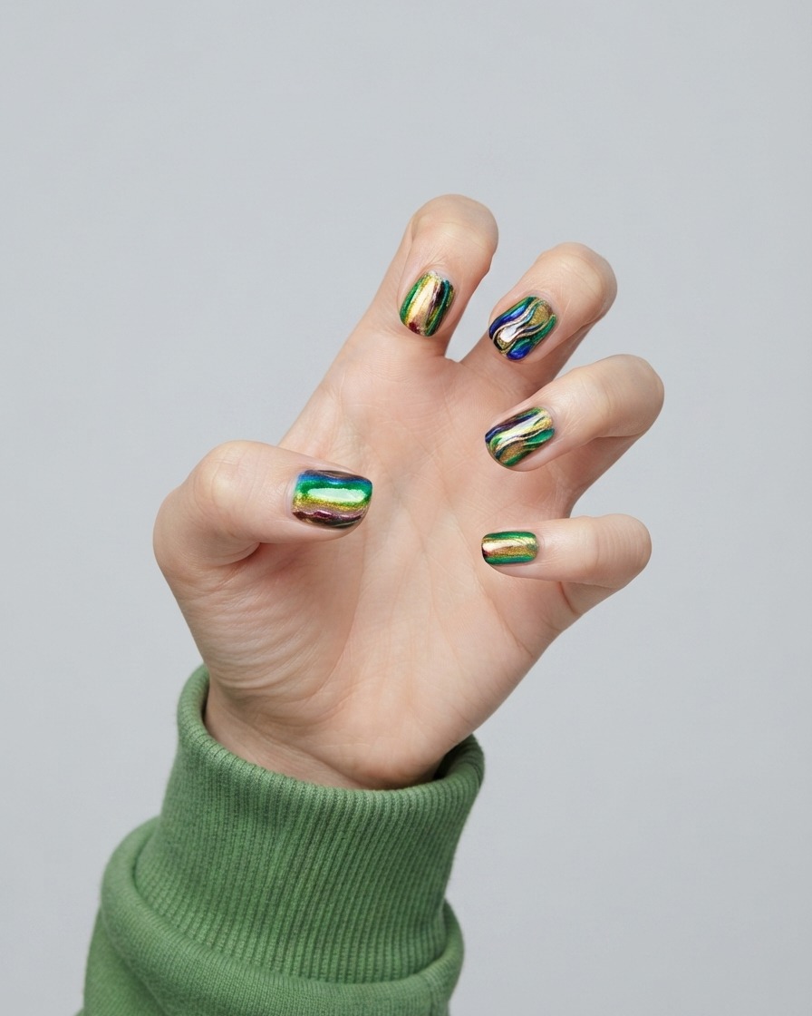 Geste de la main en griffe mettant en valeur la texture chrome verte brillante et les reflets de lumière.