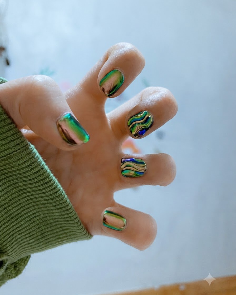 Main légèrement inclinée pour révéler des reflets lumineux scintillants sur des ongles enduits de chrome vert.