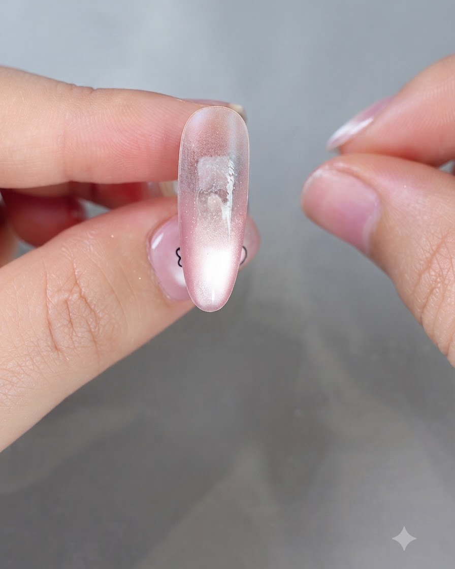 La nuance de gel numéro 6 appliquée sur la zone arrière de longle.