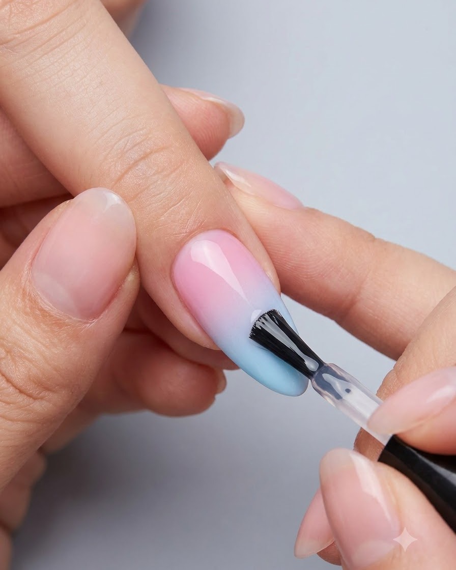 Un pinceau ajoutant une touche supplémentaire de gel blanc auto-égalisant sur longle pour construire un nail art nuage en plusieurs couches.