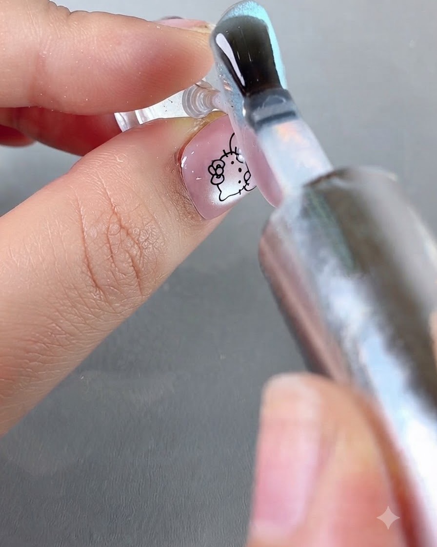 Un pinceau appliquant un top coat final épais et brillant sur un nail art terminé.