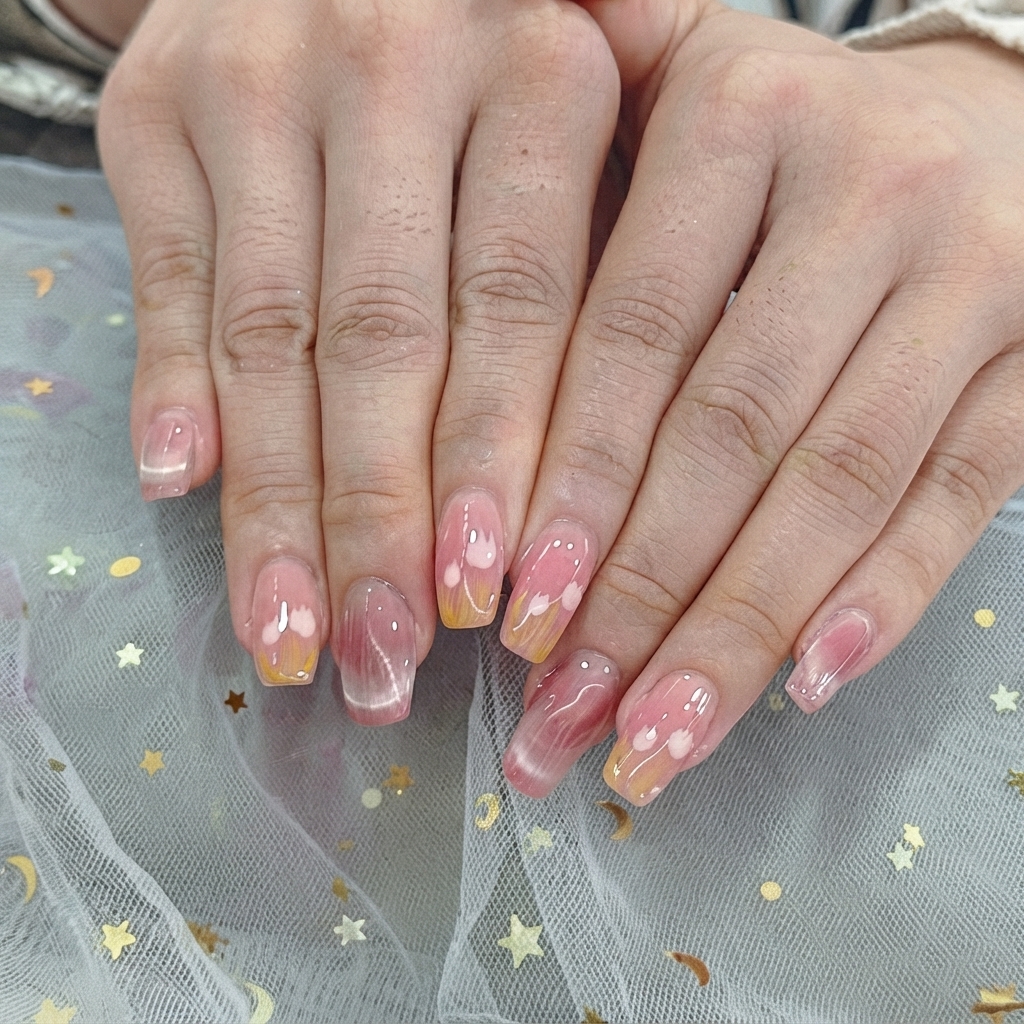 Une prothésiste ongulaire utilisant un pinceau fin pour dessiner de minuscules cœurs blancs sur les pointes des ongles en dégradé.