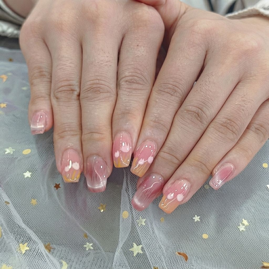 Un pinceau déposant de délicates paillettes irisées autour de cœurs blancs sur un ongle en dégradé.