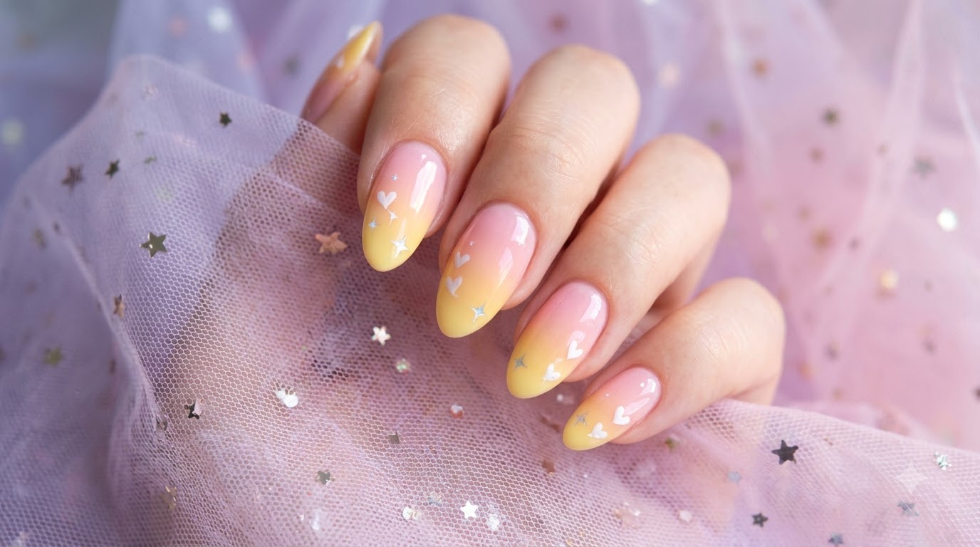 Ongles Dégradés Sunset Rose et Jaune avec Détails de Cœurs Doux