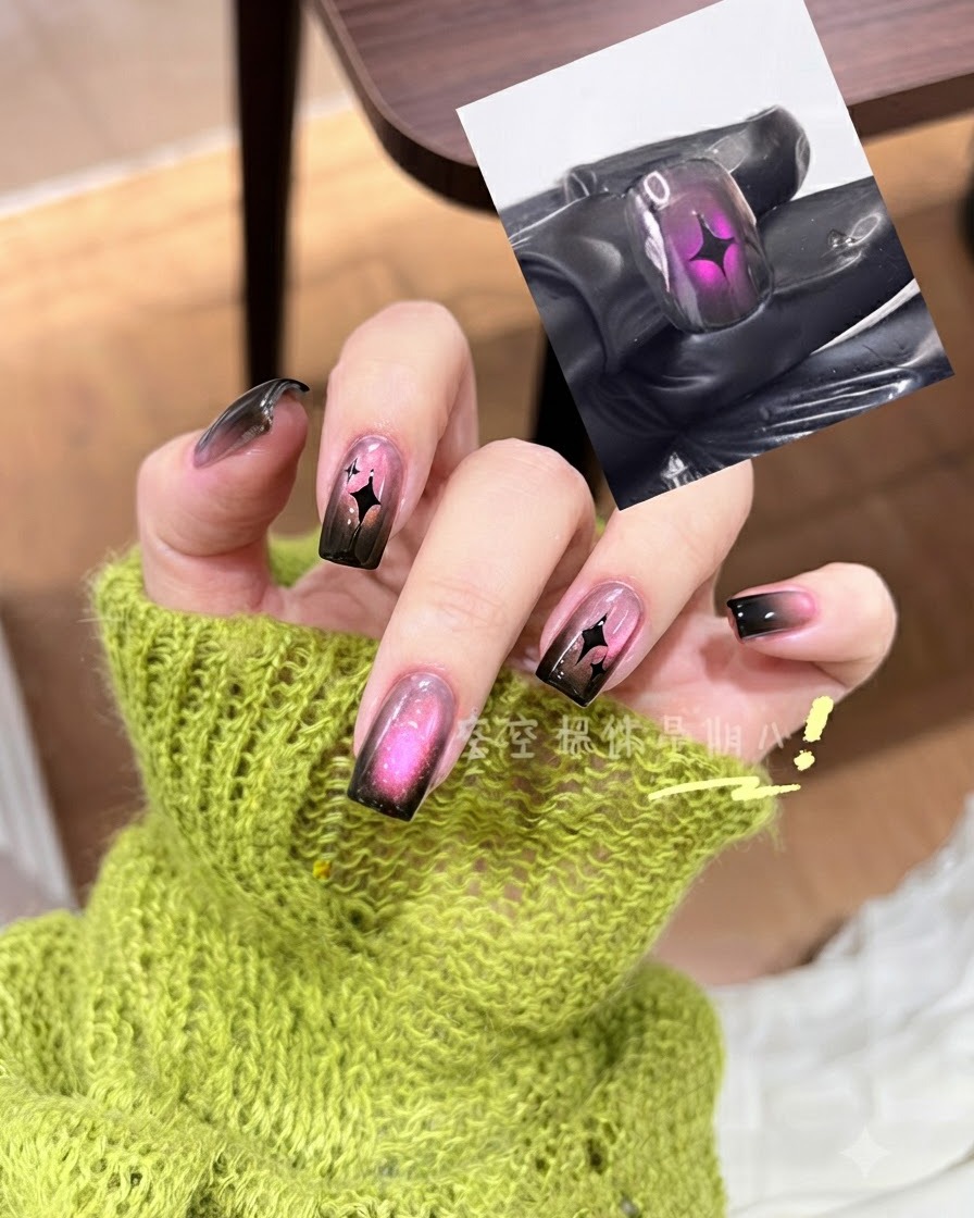 Un pinceau appliquant un gel cat-eye rose vif sur longle préparé.