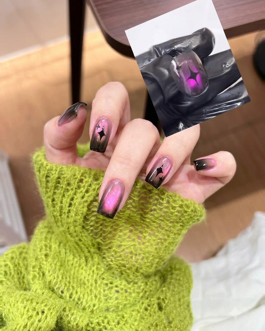 Un aimant positionné au-dessus dun ongle cat-eye rose pour déplacer les particules magnétiques.
