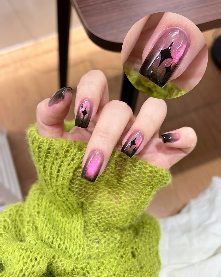 Une pince de précision positionnant un sticker détoile noire sur un ongle cat-eye terminé.
