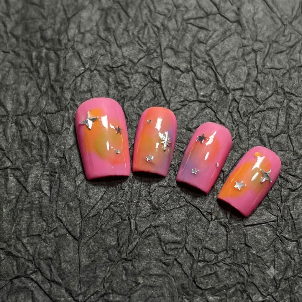 Un plan moyen balayant lensemble des ongles pour montrer le dégradé orange et violet mélangé sur le troisième ongle.
