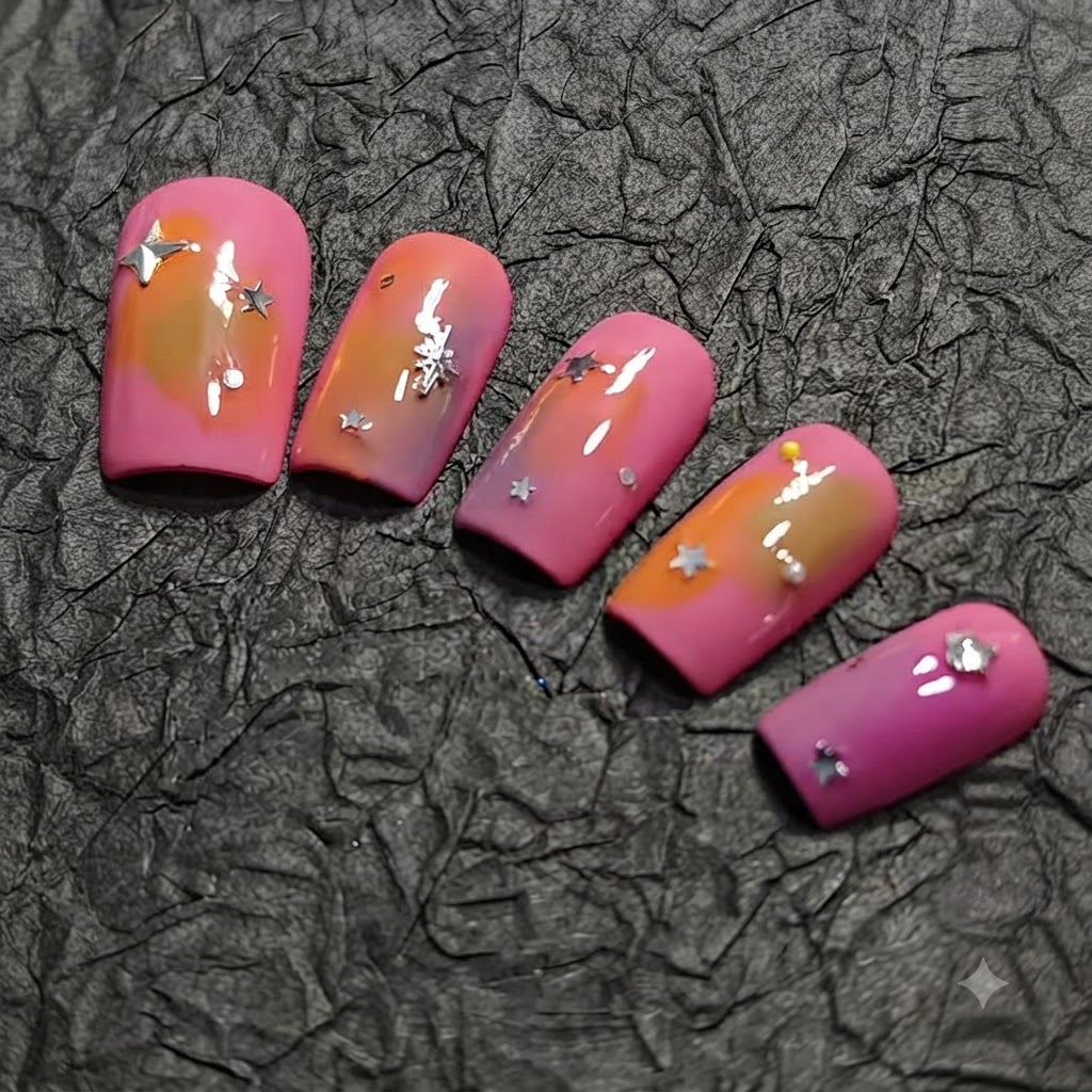Un macro gros plan du cinquième ongle présentant la zone des cuticules rose vif et la pointe violette riche.