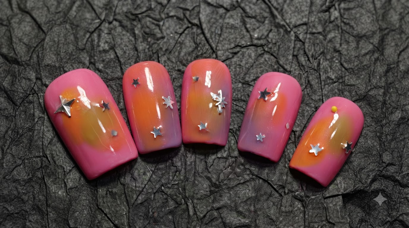 Ongles Press-On Dégradé Coucher de Soleil Rose et Accents Étoilés
