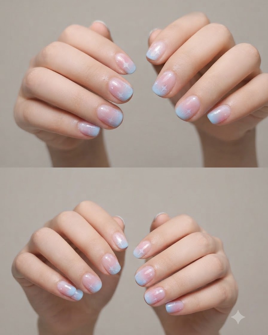 Une petite éponge estompant délicatement la ligne de transition entre le gel rose et bleu sur un ongle.