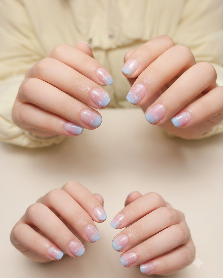 Des ongles avec un dégradé rose et bleu catalysant à lintérieur dune lampe professionnelle UV ou LED.