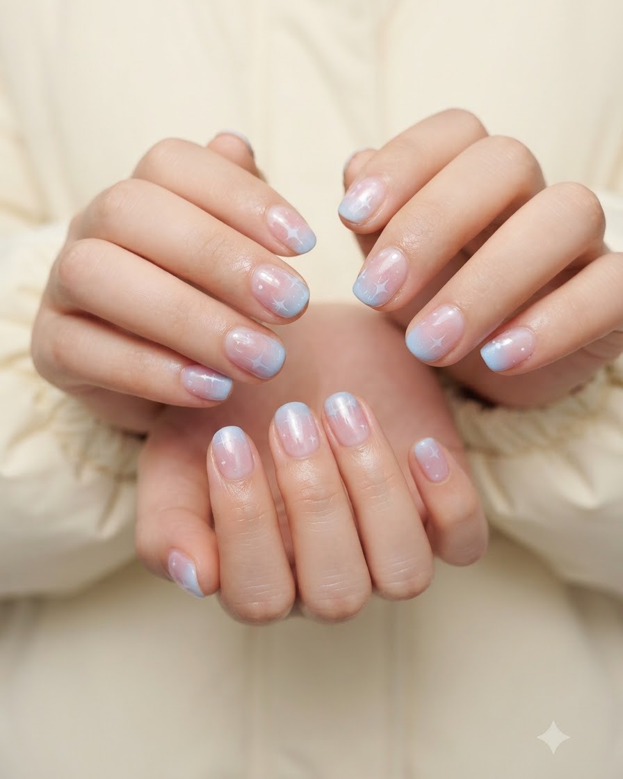 Une vue rapprochée de mains sur lesquelles de petits nail arts en étoile blanche sont peints sur des ongles en dégradé à laide dun pinceau liner.