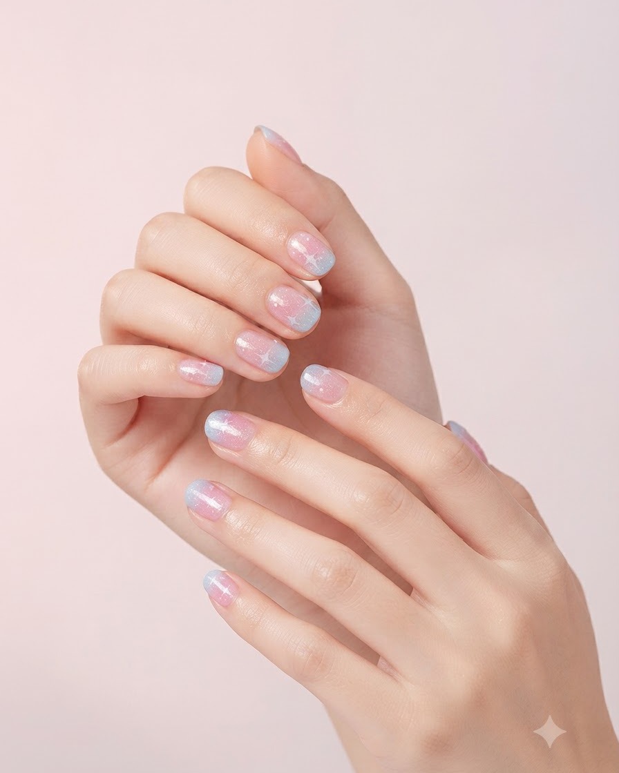 Un gros plan de mains avec un nail art en dégradé et des étoiles reposant devant un fond neutre.