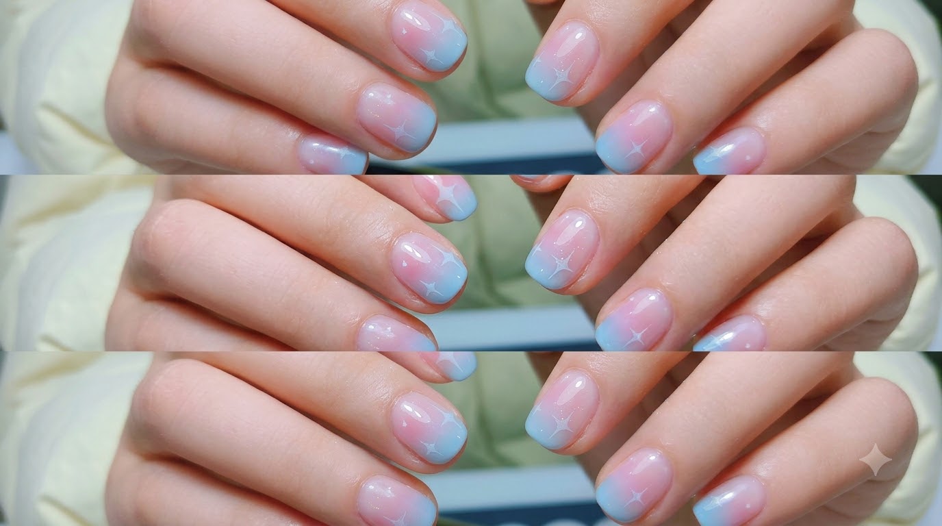 Ongles Ombré Dégradé Rose et Bleu avec Accents Étoilés — Tutoriel Étape par Étape