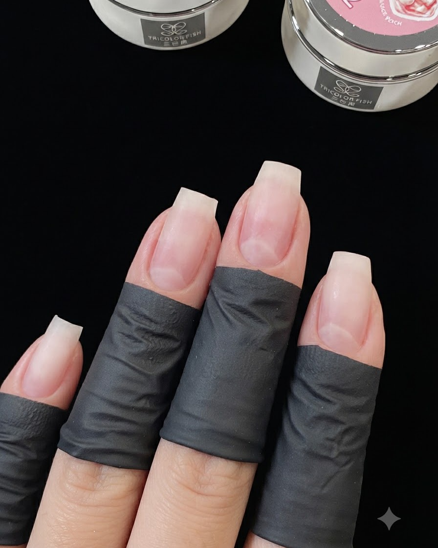 Gros plan de quatre doigts avec des protections noires, montrant des ongles naturels préparés avec du gel de construction appliqué sur les bords libres.