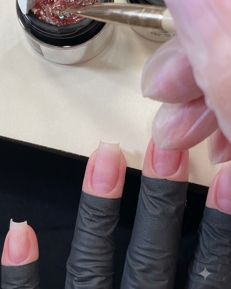 Pinceau à gel plat chargé de paillettes roses épaisses planant juste au-dessus du centre dun ongle du majeur préparé.