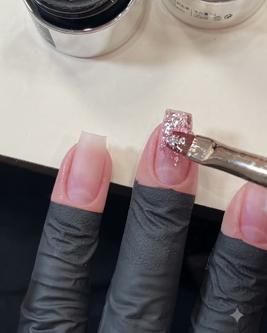 Pinceau à gel positionnant avec précision des sequins épais supplémentaires sur longle du majeur pour accentuer le dégradé de paillettes.
