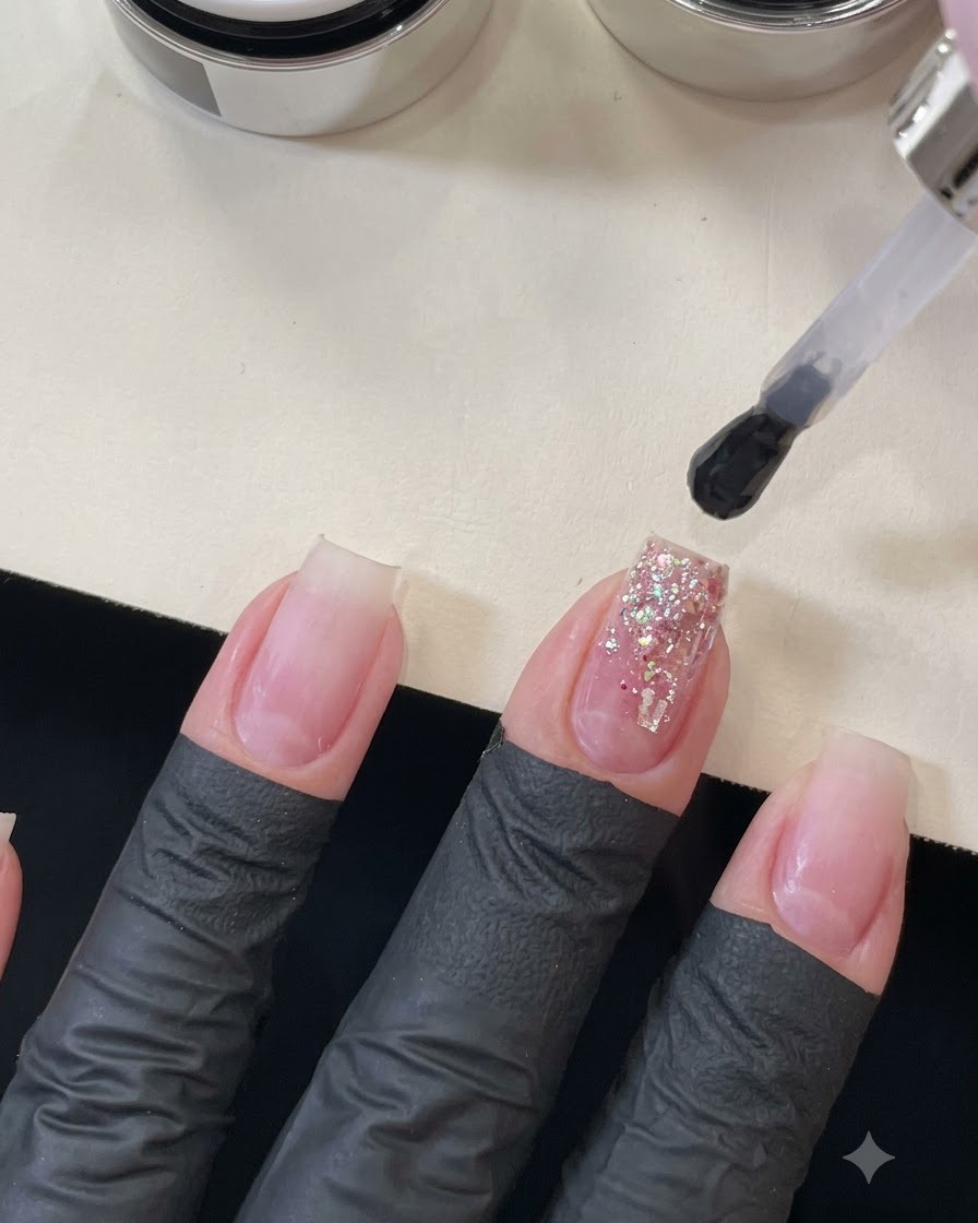 Un pinceau déposant une grosse goutte de gel de construction transparent sur un ongle couvert de sequins pour encapsuler le design.