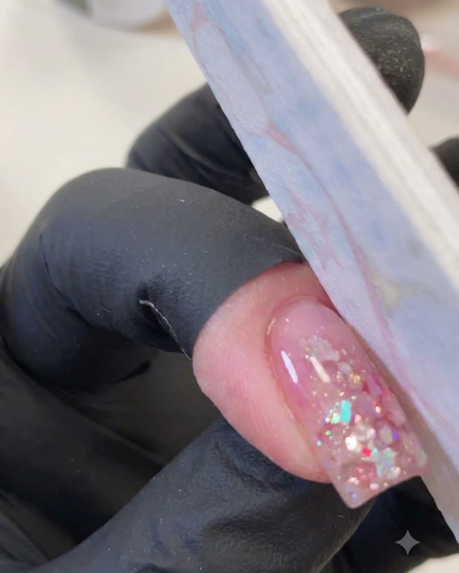 Main gantée utilisant une lime fine ou un polissoir pour lisser un ongle en gel transparent avec des sequins roses encapsulés.