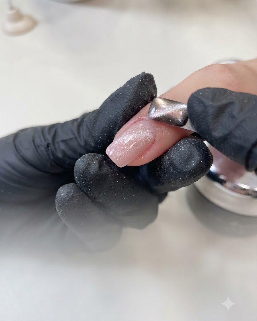 Main gantée tenant un aimant rectangulaire argenté au-dessus dun ongle peint avec un gel œil de chat nude scintillant.