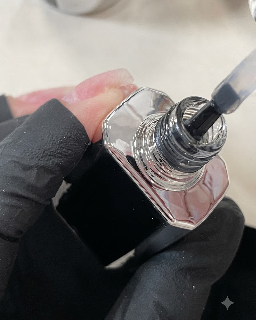 Pinceau appliquant un top coat transparent et brillant sur longle du majeur.