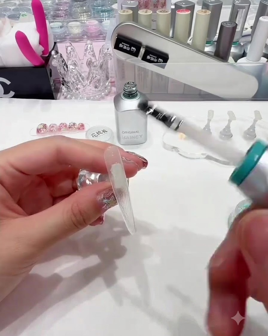 Un pinceau appliquant du gel de base transparent uniformément sur une capsule dongle transparente longue.
