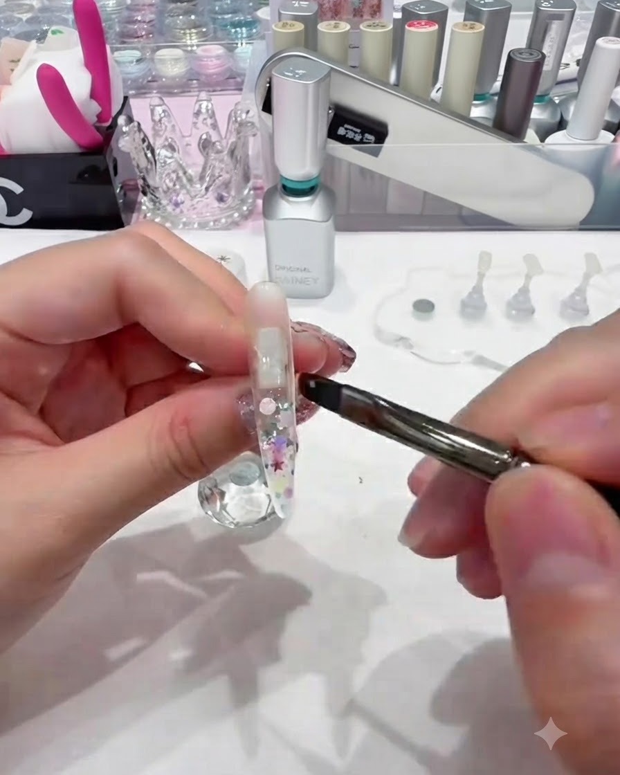 Utilisation du bord dun pinceau à ongles fin pour étirer et distribuer uniformément les sequins colorés le long de la longueur de la capsule dongle.