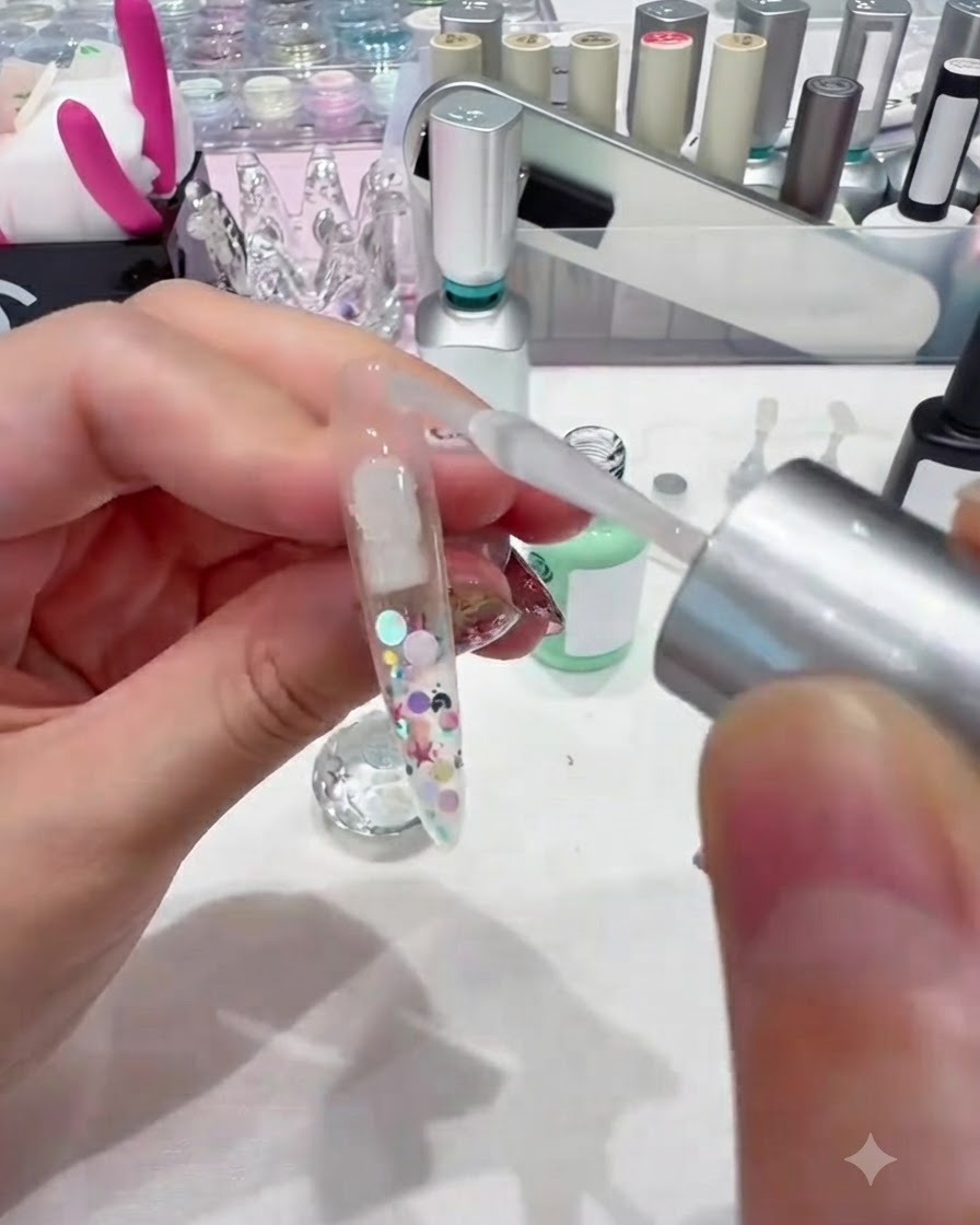 Une paire de brucelles tenant une éponge de maquillage tamponnant du gel rose sur un ongle.