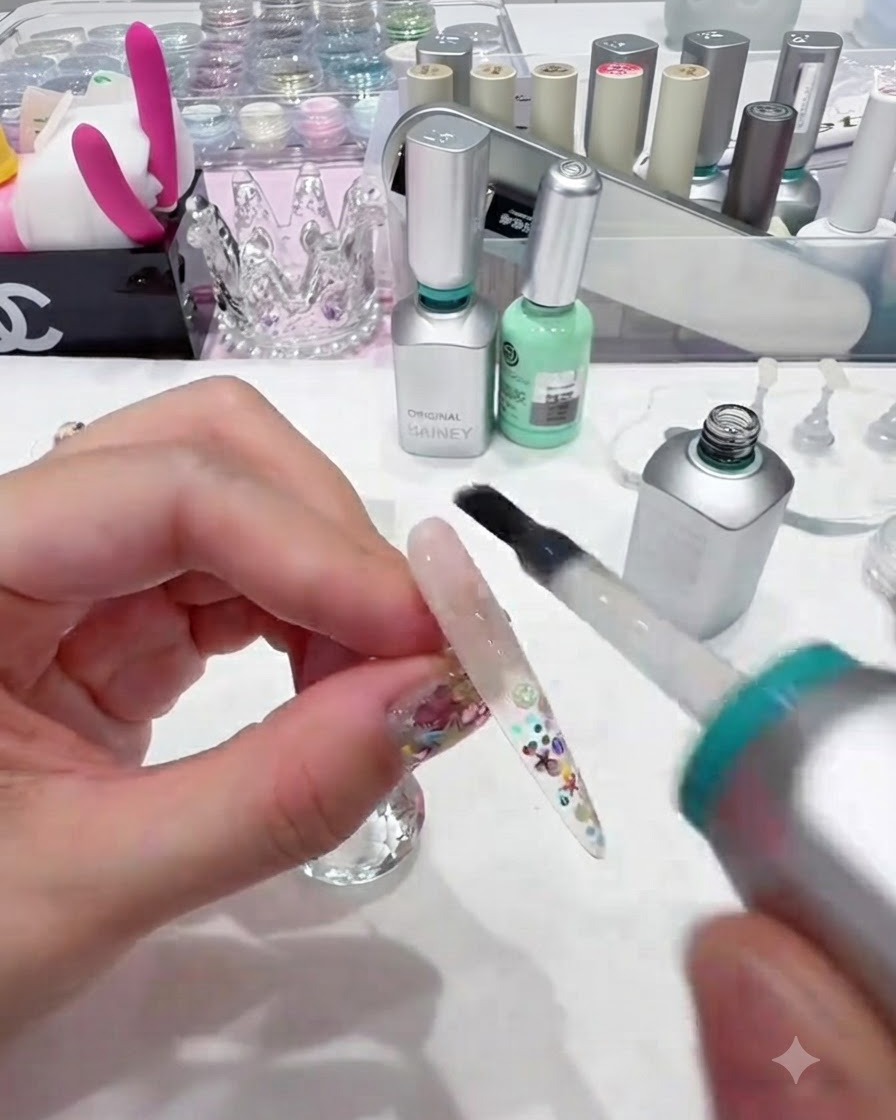 Un pinceau de flacon appliquant une couche lisse de top coat transparent sans résidu sur longle entièrement encapsulé.