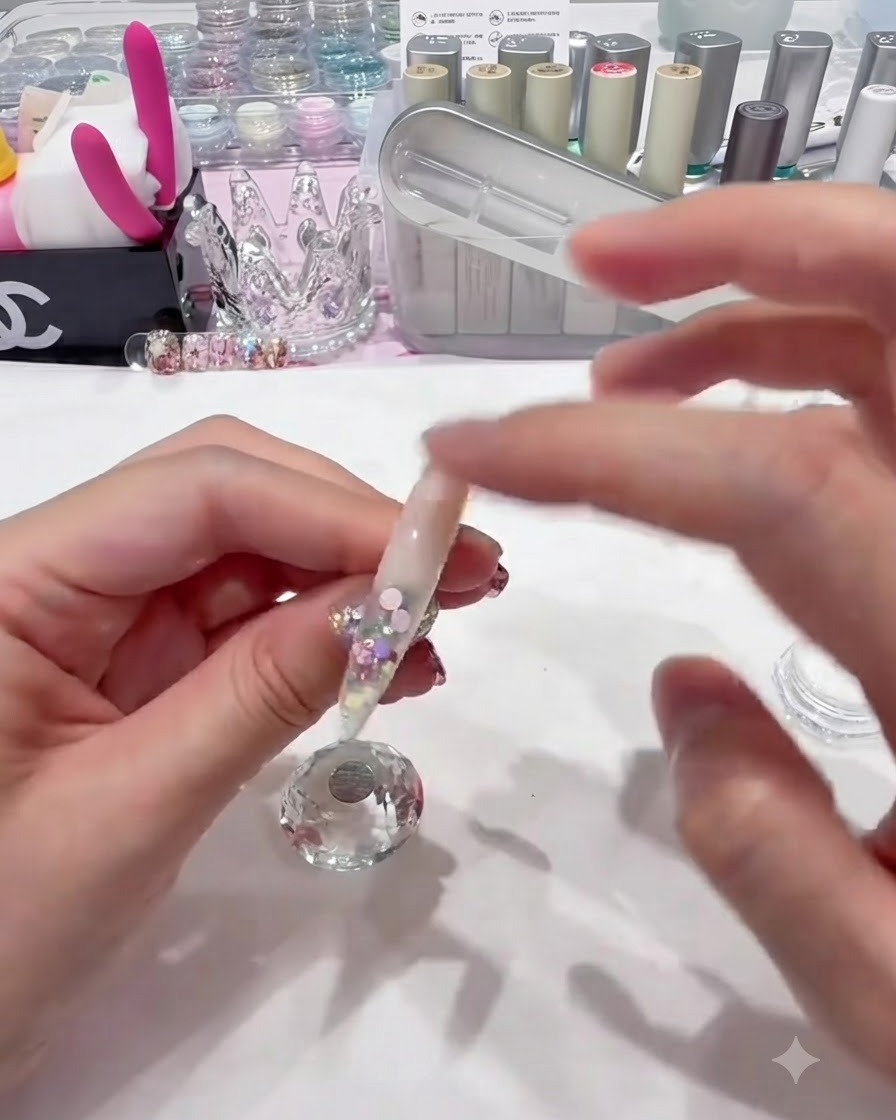 Du bout dun doigt nu frottant de la poudre chrome aurora irisée sur la zone des cuticules dun ongle brillant.