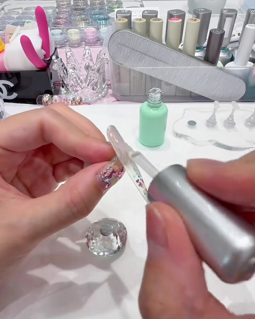 Un pinceau appliquant du gel de construction transparent sur un ongle poudré au chrome aurora.