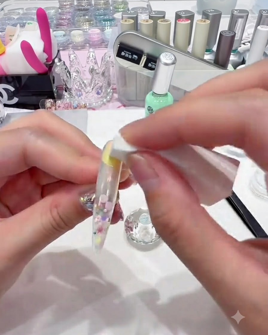 De fines pinces plaquant un petit autocollant détoile jaune sur la surface dun ongle décoré.